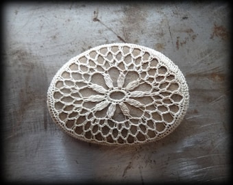 Crocheted Stone, Handmade One of a Kind Unique Decorative Doily Rock, Flower, Bohemian Beach, Small, Latte Foam Beige Miniature Art, Monicaj