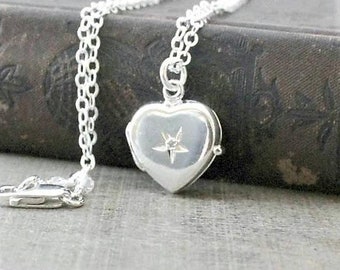 April Birthstone Locket Necklace, Small Silver Heart Locket, Sterling Silver Locket, Tiny Heart Locket, Genuine Diamond Locket, Push Gift