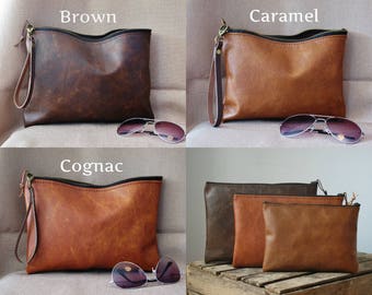 Leather zipper clutch, leather clutch bag, brown leather clutch, 3 colors, leather zipper pouch