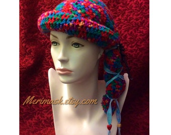 Rainbow Raven Cloche Crocheted Slouch Hat... knit yarn tied soft scarf cap bohemian boho