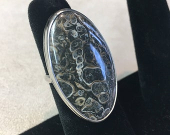Turritella Agate and Sterling silver statement ring