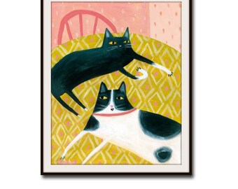 PRINT two cats on a table CUTE Black cat and spotted cat sweet cat folk art cat poster print from painting by Tascha