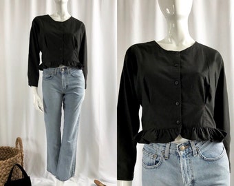 VINTAGE• 1980s Black Boxy “FILATI” Ruffled Mid Waist Top