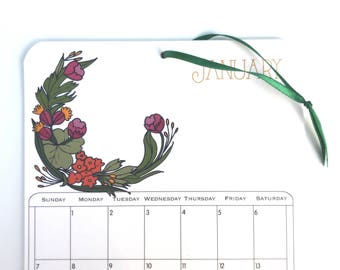 2018 Wall Calendar, 5.5x8.5 inches featuring 12 different illustrations in green, gold, purple, fuchsia, pink, orange, mustard and brown
