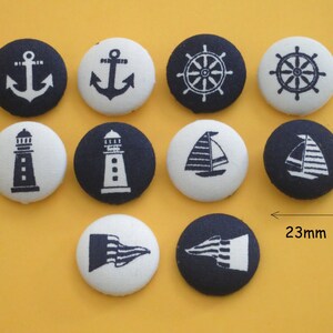 Fabric Covered Button Sea Navy Marine Nautical Sailor Anchor Lighthouse Boat Ship Steering Wheel Flag Blue White Shank Flat Craft Scrapbook