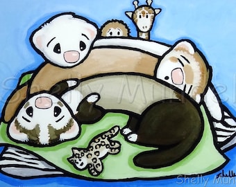 Weasel Pile - Ferret Art Print - by Shelly Mundel