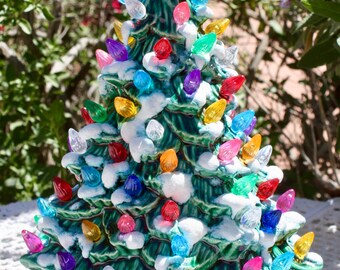 8 1/2" Ceramic Christmas Tree Lighted, Green with Snow Just Like Grandma/Mom's #1007