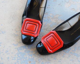 Clearance Sale vintage 60s Ballet Flats - Mod Red and Black Patent Leather Heels 1960s Red Buckle Shoes Pumps Sz 6.5 37