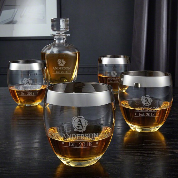 Wax Seal Engraved Decanter Set with Silver Rim Glasses