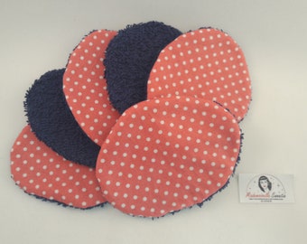 Washable and reusable wipes. Bundle of 6. Dots. Navy blue, coral. Eco friendly. Zero waste.