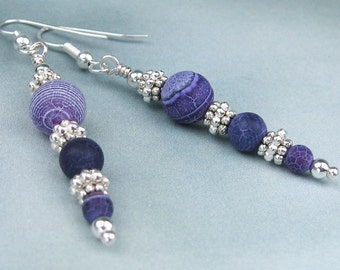 Dangle Earrings, Agate Beads, Semi Precious Stones, Purple, Lavender, Bright Silver Beads, Rondelles, Silver Earwires, Handmade, Gift, Gypsy