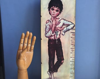 Jolylle Big Eyed Boy. F. Idylle. Big Eyes Children. Print on Board. Kitsch Wall Art 1960s. Barefoot boy with grapes.