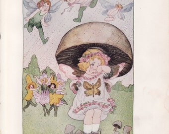 Antique Victorian Art Print-Book Plate-Lithograph-Fairies-Spring April Showers-Artist Penny Ross-1914
