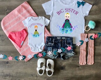 Big Sister Little Sister Outfit, Frozen Outfit, Princess Anna, Princess Elsa Set, Big Sister Shirt, Little Sister Bodysuit, Custom Outfit