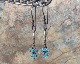 APATITE Earrings, blue gemstone jewelry, handmade cluster earrings, sterling silver, artisan jewelry by Angry Hair Jewelry