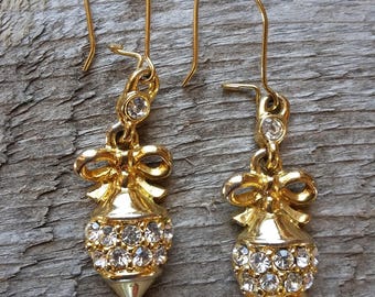 Vintage Christmas Ornament Earrings-Gold Rhinestone Christmas Earring-Gerry's Vintage Christmas Earring-Gold Christmas Earring-Free Shipping