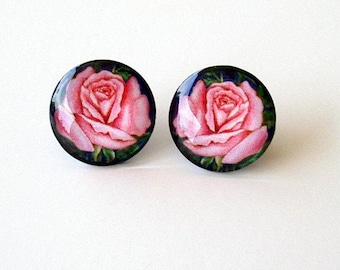 Pink RoseEarrings Button Style Glass Round Art Flower Jewelry