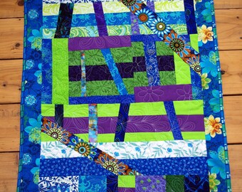 Modern Art Quilt Wall Hanging, Blue, Green, Purple, Quiltsy Handmade, Contemporary Fiber Art