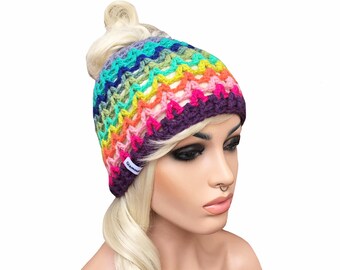 Rainbow Messy Bun Beanie Bun Beanie Ponytail Beanie ONE OF A KIND Will not be re listed