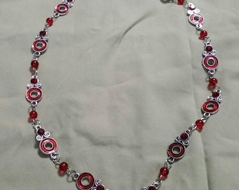 On Sale Cranberry Red and Silver Toned Hoop Flat Bead 22 inch Expandable Beaded Necklace Costume Jewelry Fashion Accessory