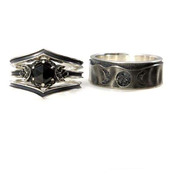 His and Hers Moon Phase Ring Set - Black Spinel and Black Diamonds - Sterling Silver