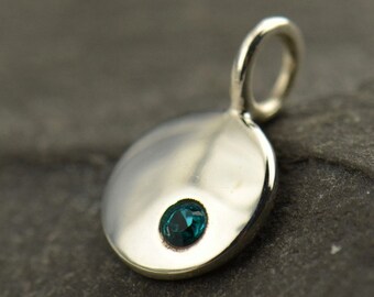 December Birthstone Charm Sterling Silver Small Blue Zircon Crystal Charm, Birthstone Charm with Blue Zircon Crystal, Birthstone Disc Charm