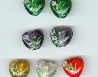 Glass Heart Beads, 15mm Flower Heart Beads in Green Purple Yellow Red 7 Beads 0120
