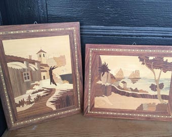 Beautiful Wooden Inlaid Marquetry Wall Art, Set of Two (2)