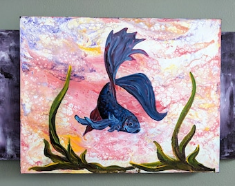 Original Wall Art Abstract Fish Painting on Canvas, ready to hang (Fighting Fish)
