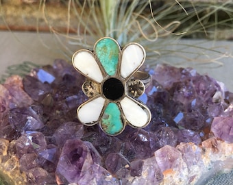Vintage Zuni Inlay Turquoise and Sterling Ring, Statment Ring