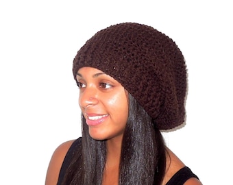 Crochet Slouchy Hat, Women, Men, Teen, Brown Tam,,