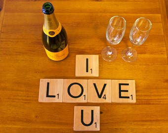 Anniversary/Romantic Scrabble Tile Coasters made from recycled wood
