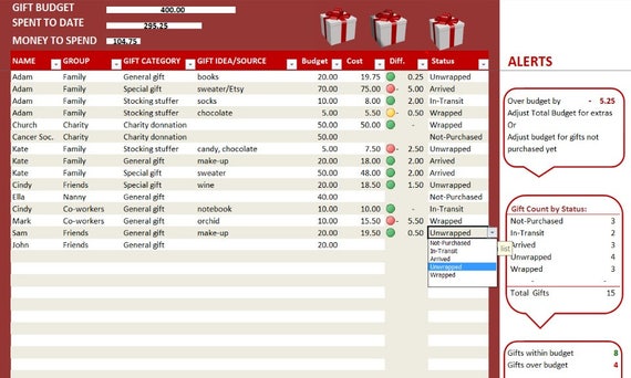 Gift Planner Excel Template Shopping Journal Holiday Expense Tracker Christmas Bud