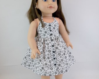 18 inch Doll Dress Fits American Girl Doll White Halter Dress Black Flowers Toys