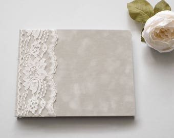 Romantic Guest Book, 7x9, Guest Book Wedding, Gray Guest Book With Lace, Wedding Guestbook, Coptic Stitch Book, Gratitude Journal