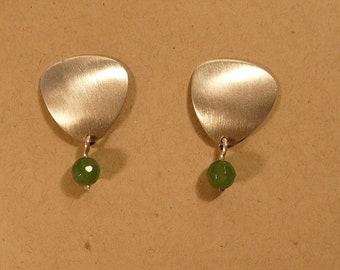 Sterling Silver Brushed Earrings With Emerald Bead