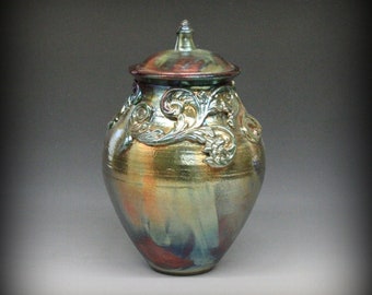 Raku Urn with Filigree Design in Metallic and Iridescent Colors