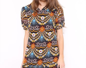 Vintage 70s Abstract Floral Print Drop Hem Mini Dress. UK 12.