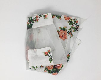 Vintage Rose Apron Cotton Sheer Apron Pink Flower Apron With Pocket Vintage Half Apron