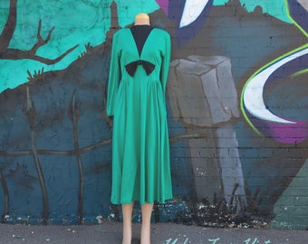 Vintage 1990s Teal Green And Black Bow Jersey Knit Dress (Size Medium)