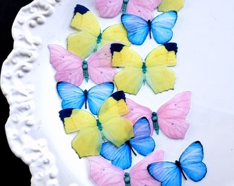 Edible Pastel Pink, Yellow and Blue Butterflies Cake/Cupcake Toppers, Set of 12