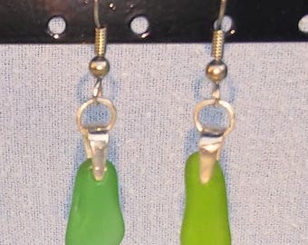 Sea Glass Earrings; Green Sea Glass Dangle Earrings with Silver Findings