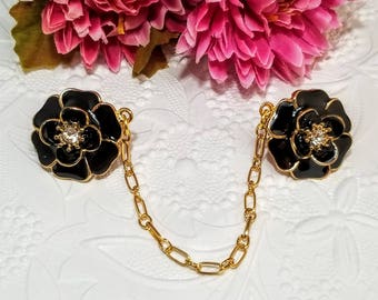 Black Sweater Clip, Cardigan Clip, Flower Sweater Clip, Flower Cardigan Clip, Collar Clip, Sweater Clasp, Sweater Closure 5048