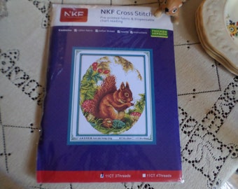 Vintage Japan-NKF Cross Stitch-Pre-Printed Cotton Red Squirrel Craft Set-Thread/Needle/Chart