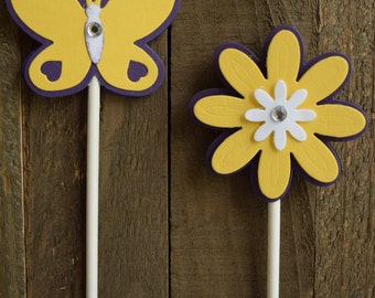 Butterfly and Flower Cupcake Topper, Purple and Yellow Butterfly and Flower Cupcake Topper, Butterfly Birthday Cupcake Topper (Set of 12)