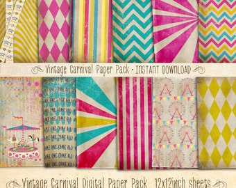 Vintage Carnival Paper Pack 12 Digital Sheets - INSTANT DOWNLOAD - Scrapbooking Card Making Birthday Party Decoration by Sassaby Parties