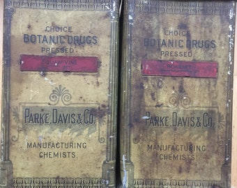 Pair of Large Antique Apothecary Canisters/Tins. Parke, Davis & Co. Squaw-Vine and Boneset