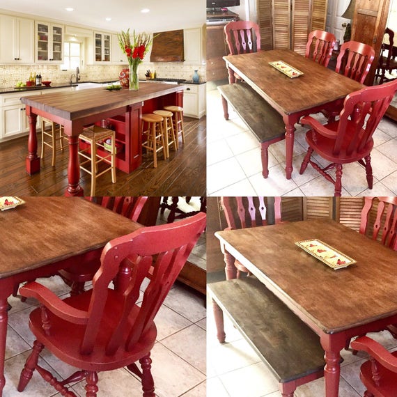 Dining Table and Chairs Hand Painted Red Rustic Distressed