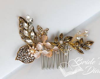 Wedding hair jewelry, transparent pearls and rhinestones bridal hair comb, golden hair comb