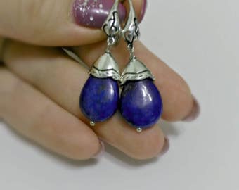 Drop earrings, blue earrings, teardrop earrings, lapis earrings, lapis lazuli tear, navy blue earrings, navy blue teardrop